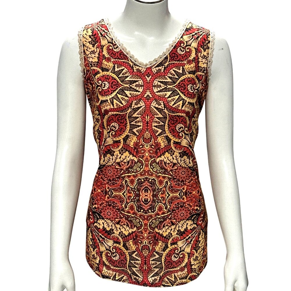 CCC Bohemian Paisley Print Sleeveless Blouse With Lace Trim Tie Back Size Medium